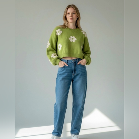 Luna Ivy Sweaters - Luna Ivy Lime 3D Ivory Daisy Cropped Sweater Womens L Long Sleeve Retro Crew